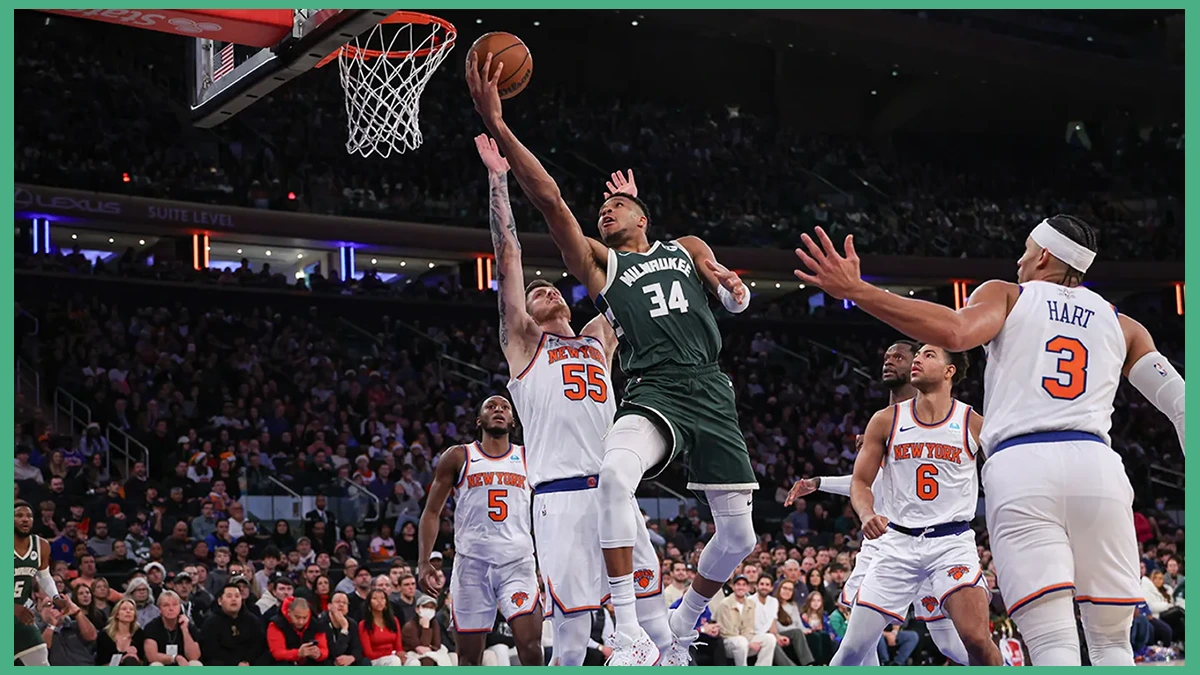 Giannis Antetokounmpo drives to the basket against the New York Knicks at Madison Square Garden